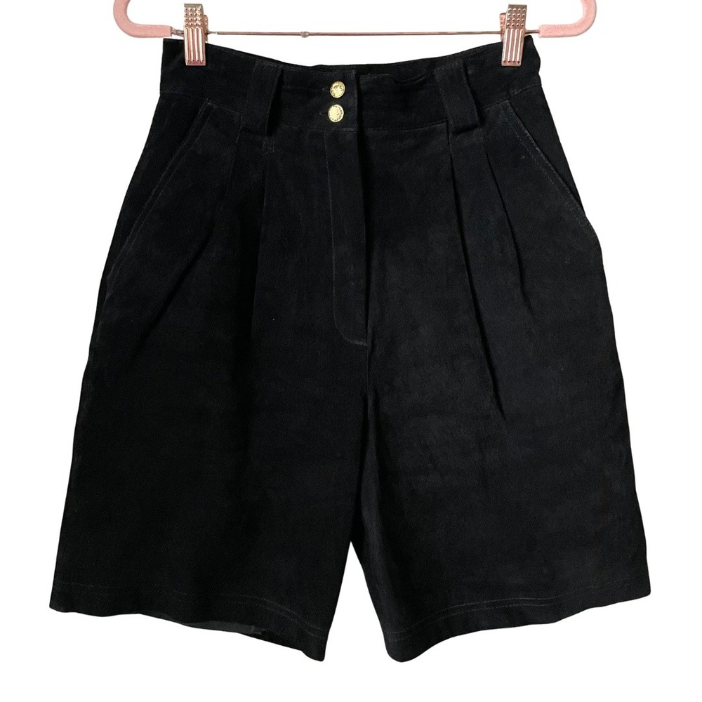 Vintage Erez Levy‎ Shorts Womens Size 8 Black Suede Leather Pleated High Waist